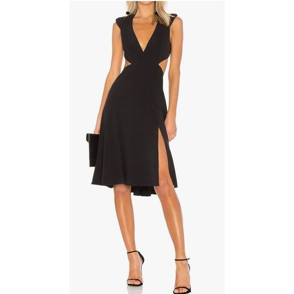 Halston Heritage Black Cut Out Women's‎ Cap Sleeve V Neck Flowy Skirt size 8 - Picture 1 of 15